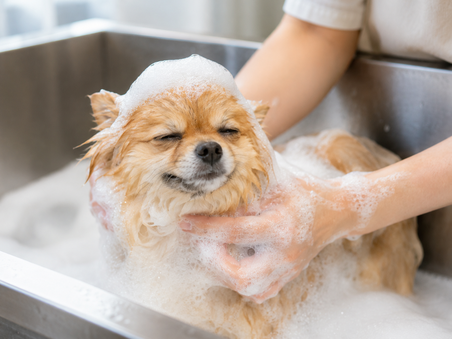 マイクロバブルシャンプーでやさしくケアされる犬